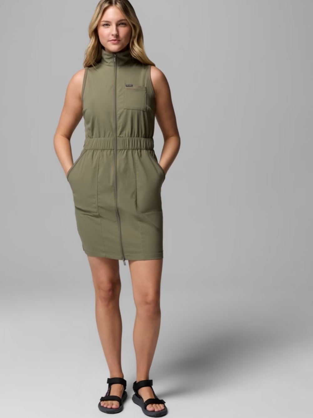 D3 Columbia Olive Green Sleeveless Zip-Front Utility Dress XXL